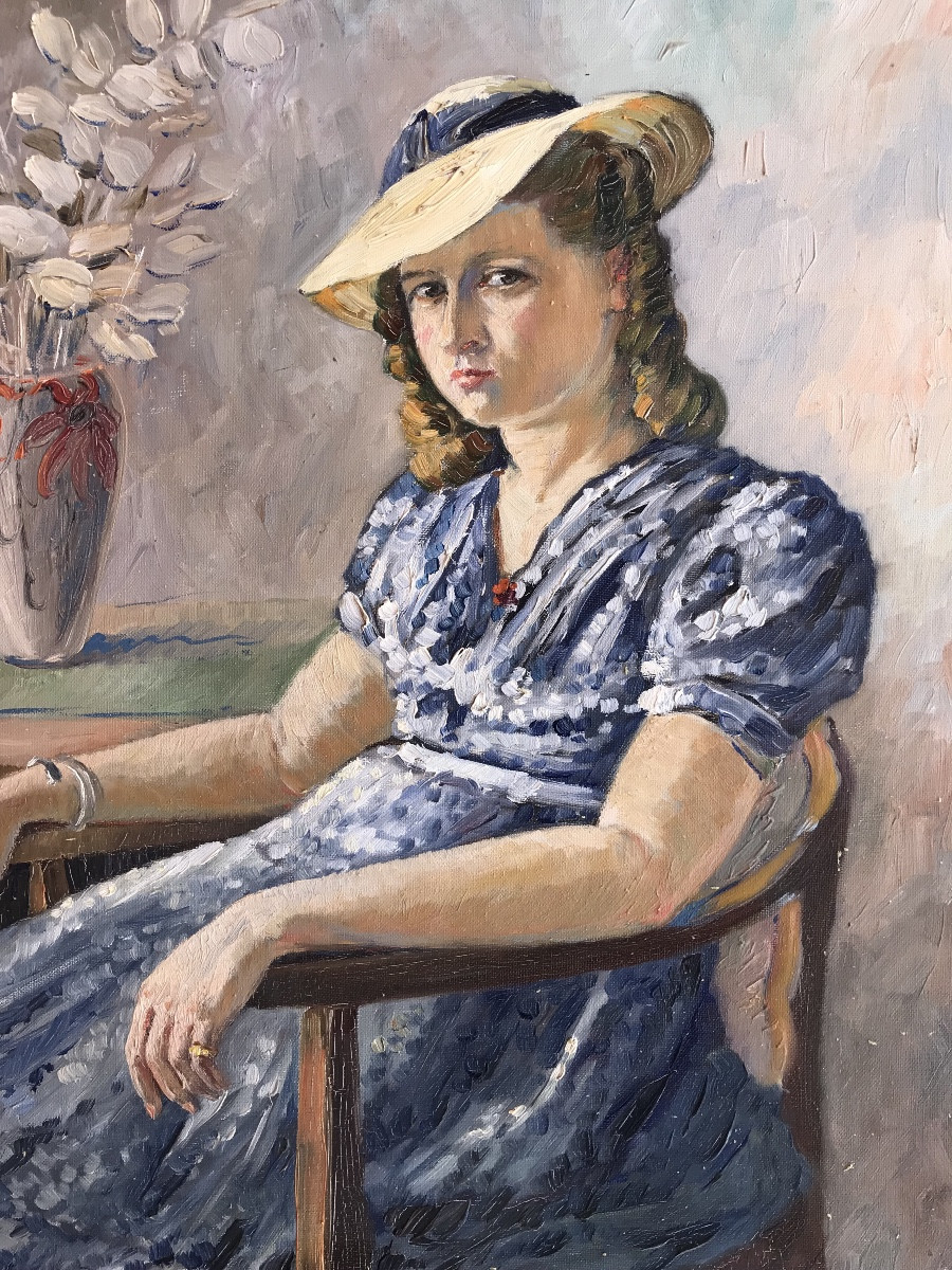 Painting, Portrait Of A Young Woman With A Straw Hat, Signed By A Winter And Dated 1942-photo-1