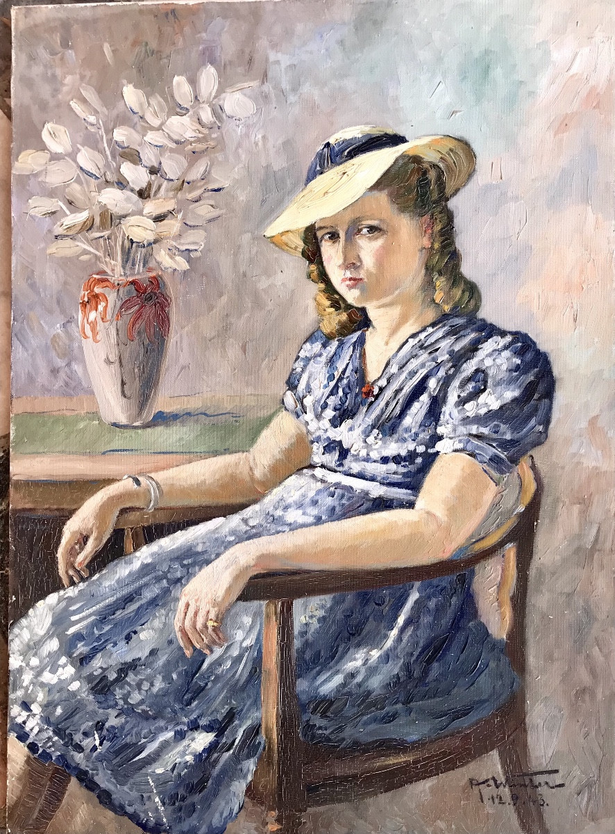 Painting, Portrait Of A Young Woman With A Straw Hat, Signed By A Winter And Dated 1942