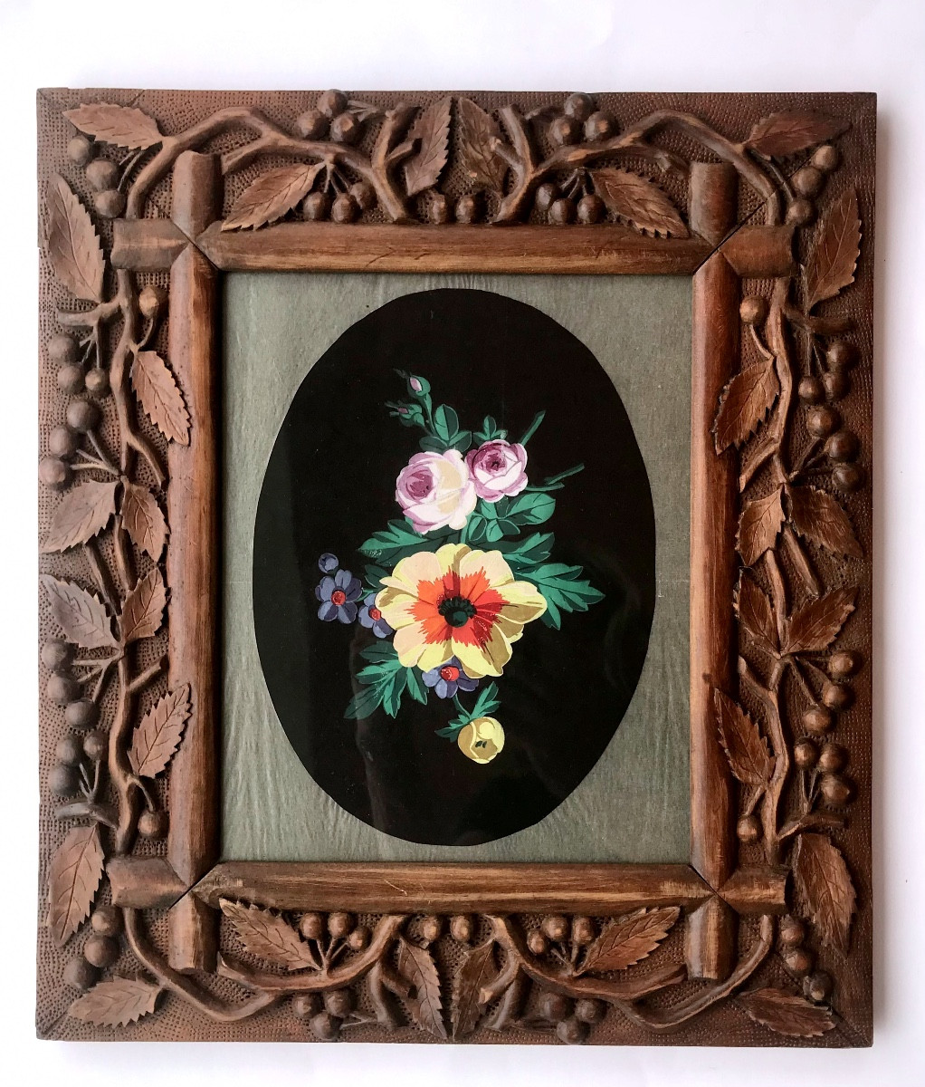 Pair Of Paintings, Flowers Painted In Gouache, Carved Wooden Frame, Swiss Work? 19th Century -photo-2