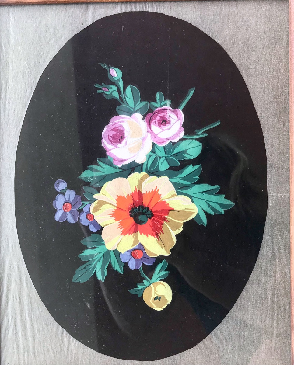 Pair Of Paintings, Flowers Painted In Gouache, Carved Wooden Frame, Swiss Work? 19th Century -photo-4