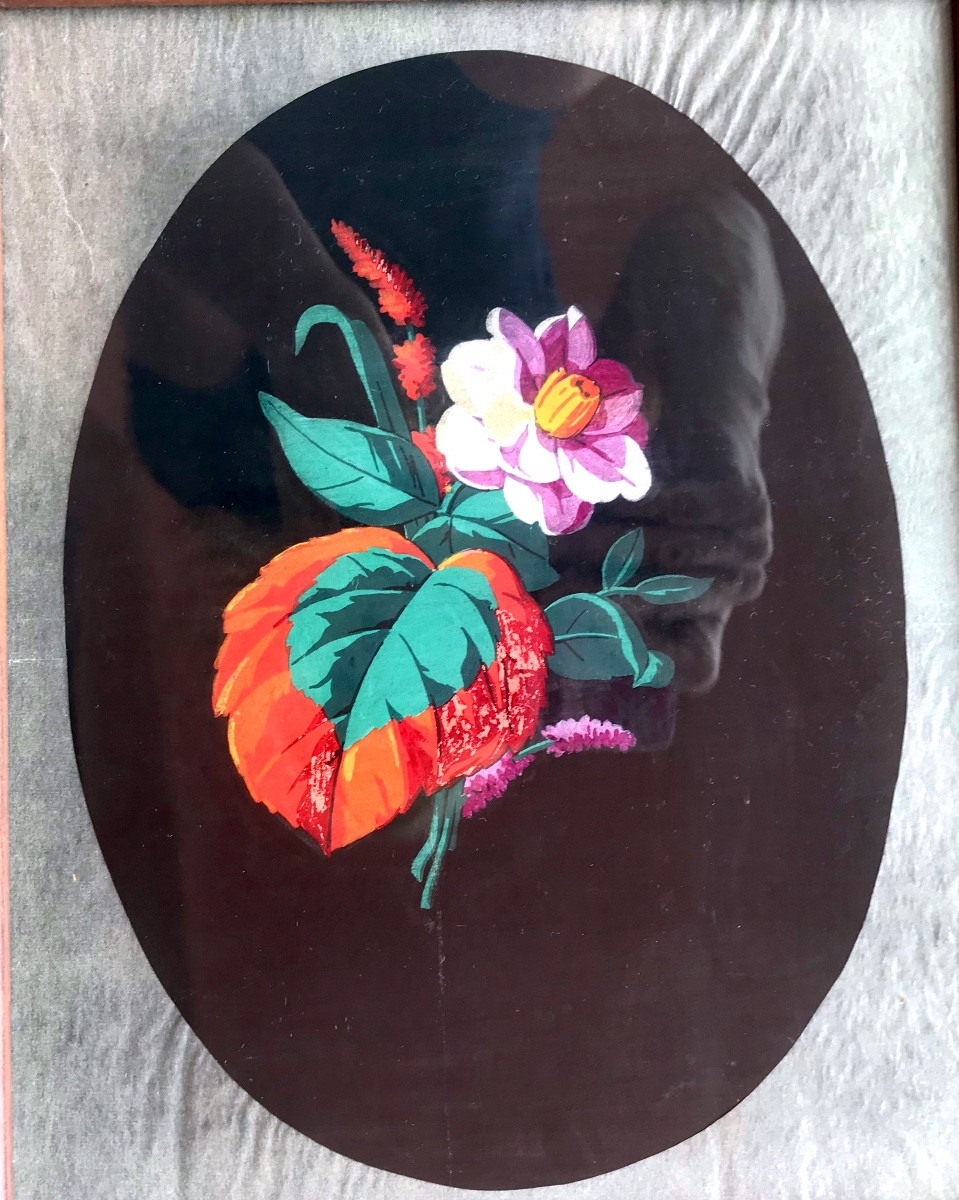 Pair Of Paintings, Flowers Painted In Gouache, Carved Wooden Frame, Swiss Work? 19th Century -photo-1
