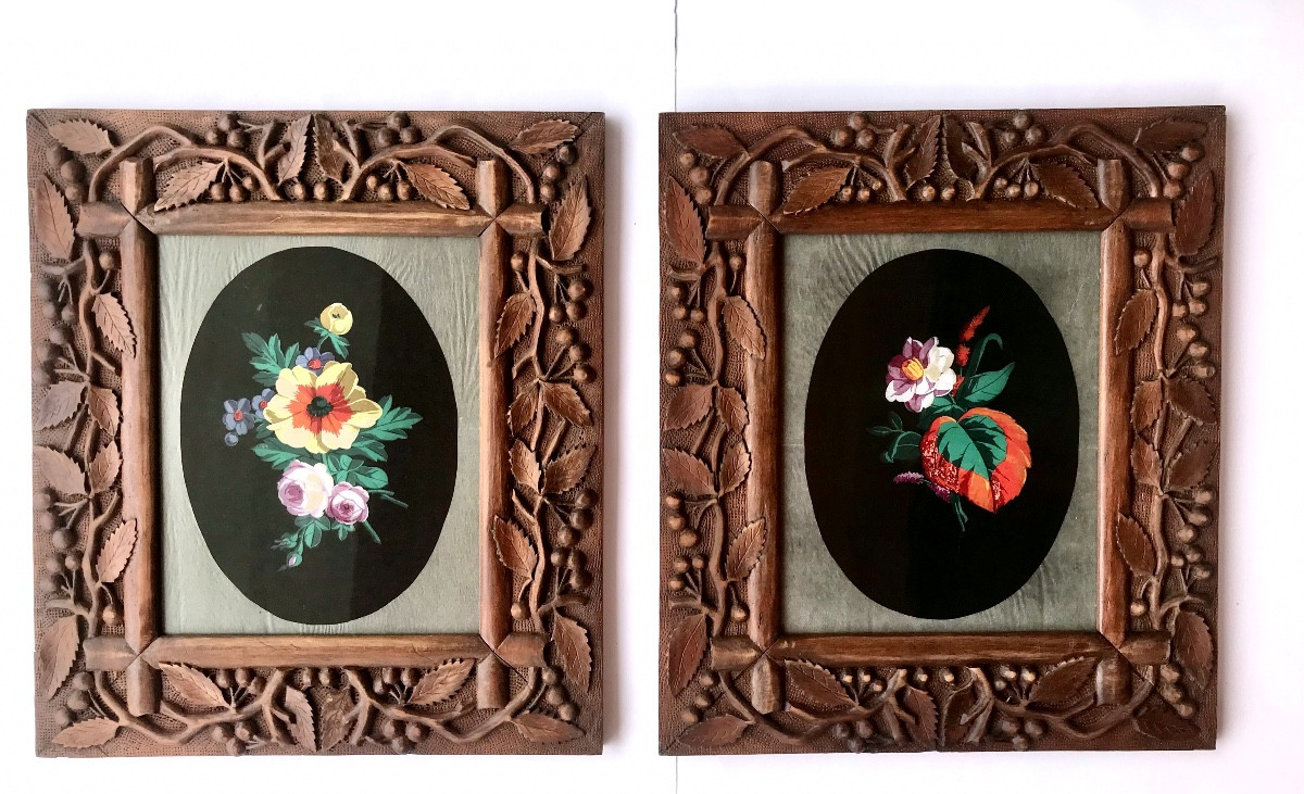 Pair Of Paintings, Flowers Painted In Gouache, Carved Wooden Frame, Swiss Work? 19th Century 