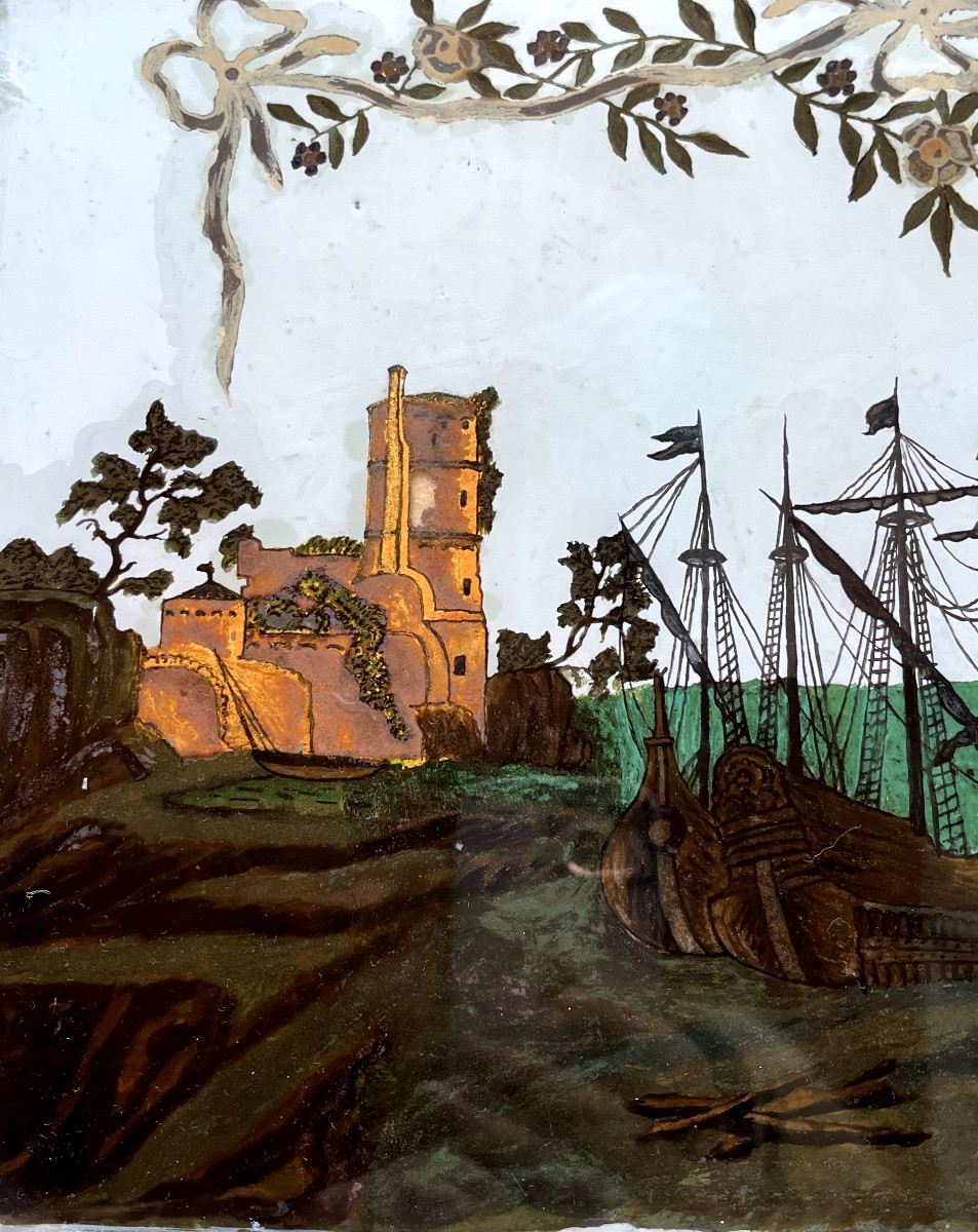 Pair Of Fixed Paintings Under Glass With Boats, 19th Century -photo-3