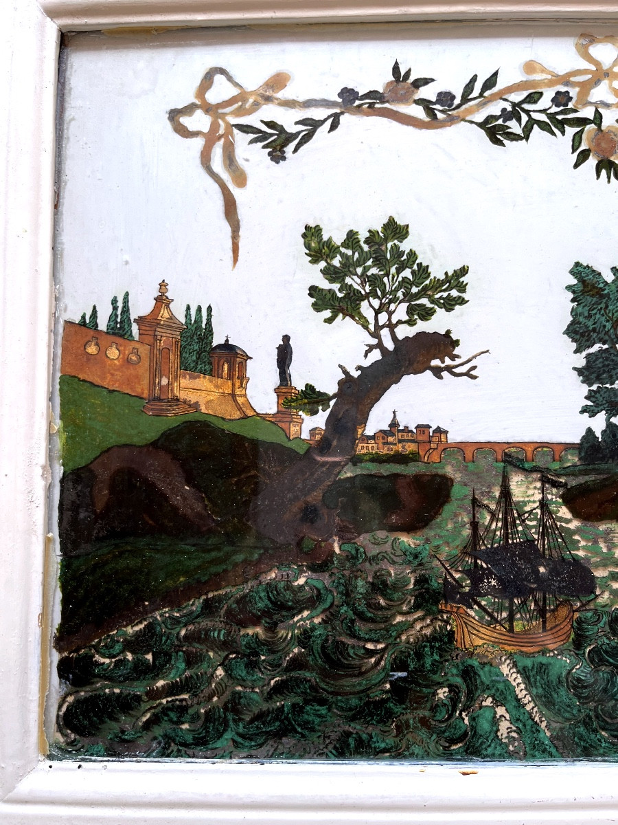 Pair Of Fixed Paintings Under Glass With Boats, 19th Century -photo-3