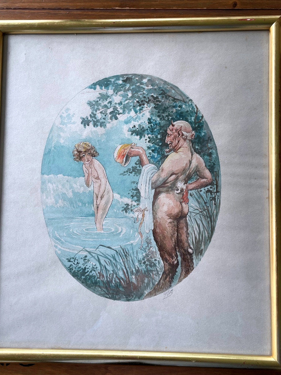 Painting, The Satyr, Erotic Watercolor, Early 20th Century-photo-3