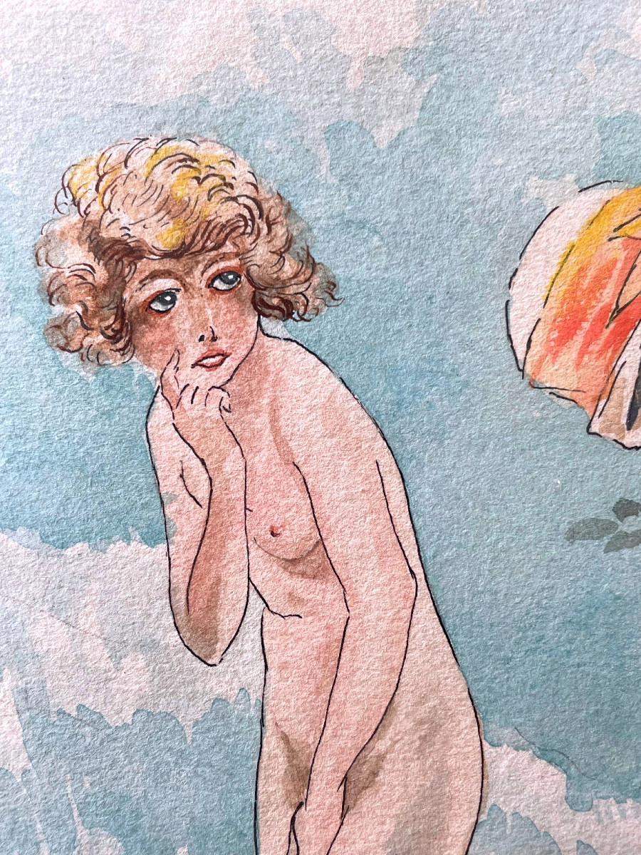 Painting, The Satyr, Erotic Watercolor, Early 20th Century-photo-4