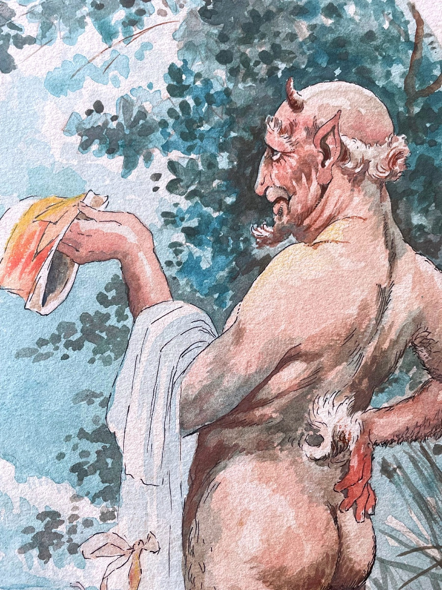 Painting, The Satyr, Erotic Watercolor, Early 20th Century-photo-2