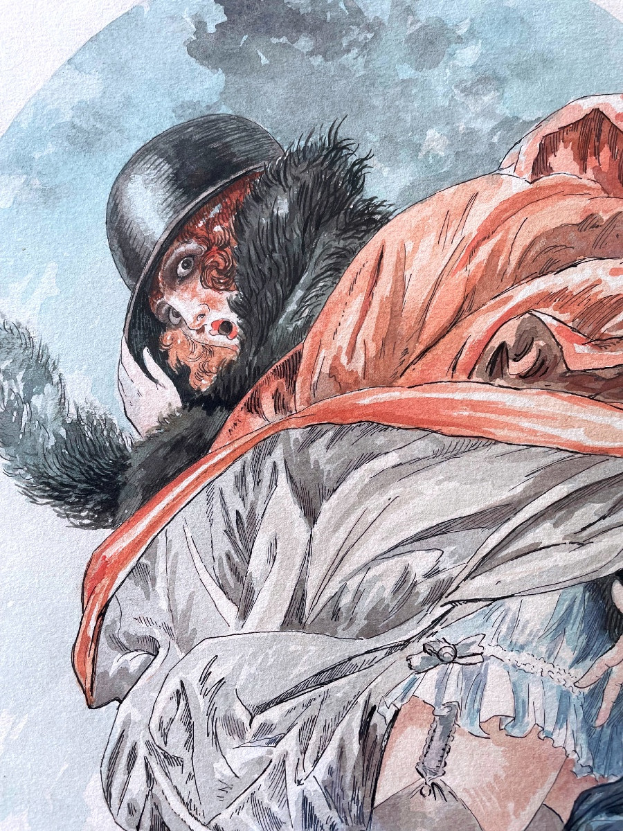 Tableau, scène coquine avec un satyre,aquarelle vers 1920-photo-2