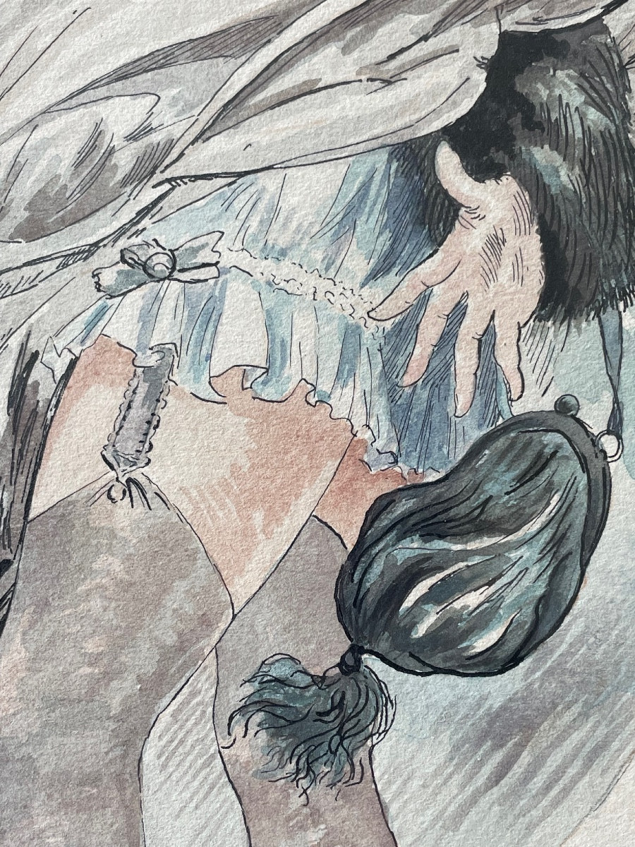 Tableau, scène coquine avec un satyre,aquarelle vers 1920-photo-2