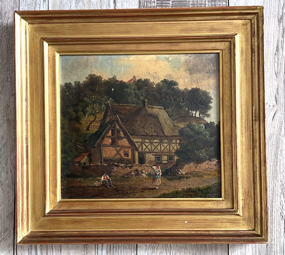 Old Painting, The Farmyard, Oil On Wood, 19th Century-photo-2