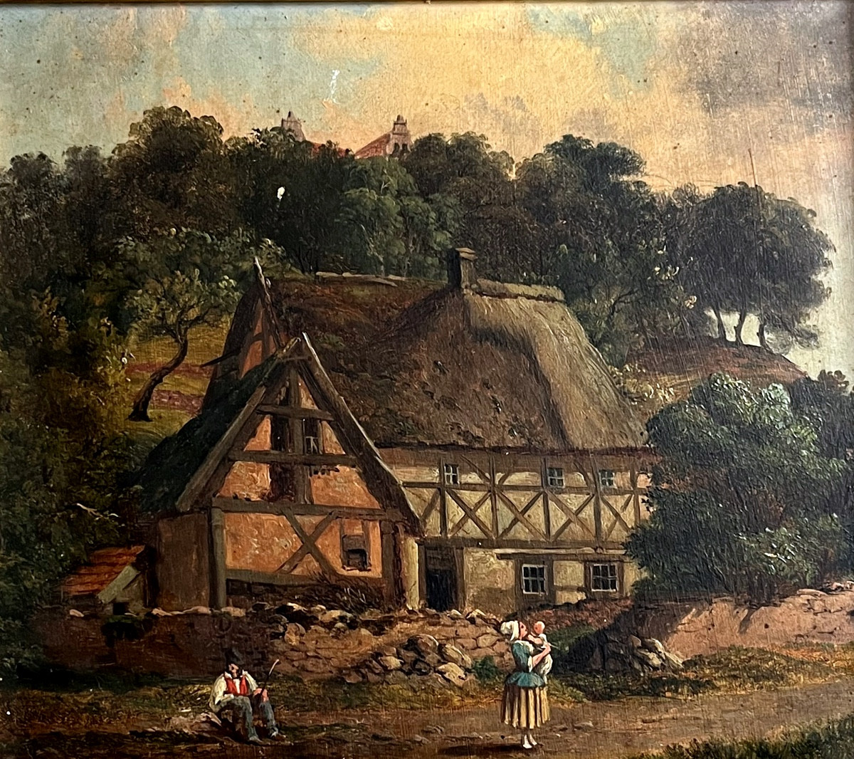 Old Painting, The Farmyard, Oil On Wood, 19th Century-photo-3