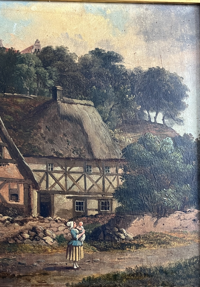 Old Painting, The Farmyard, Oil On Wood, 19th Century-photo-1