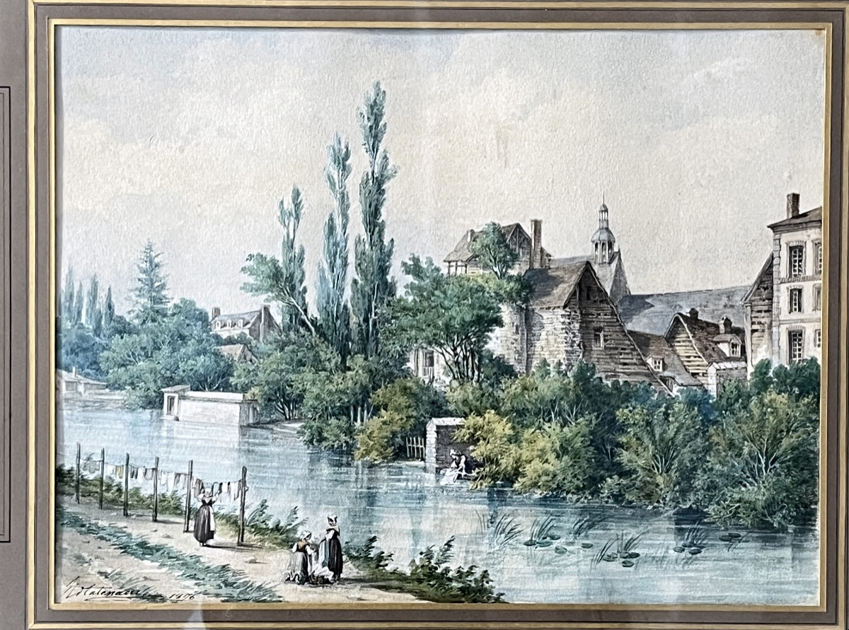 Painting. The Washerwomen, Watercolor From 1872, Signed-photo-2