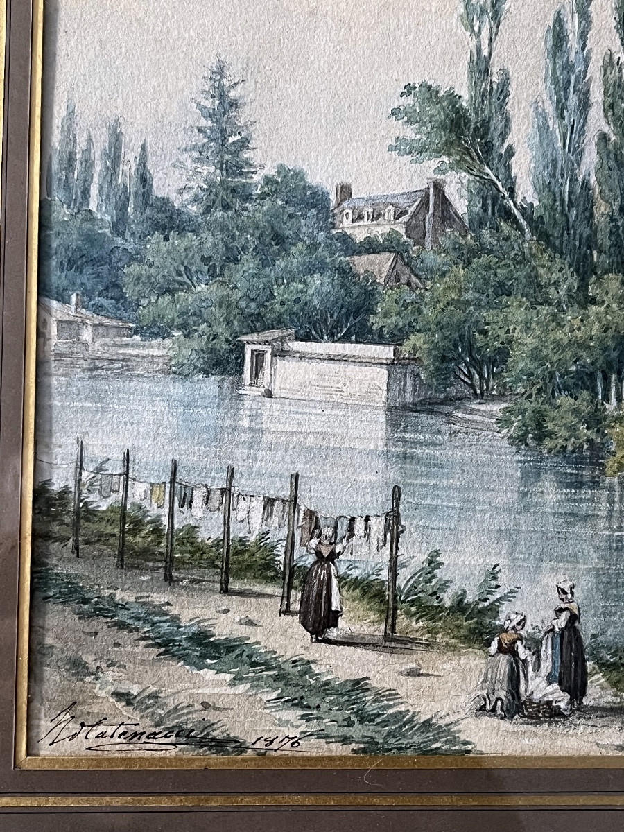 Painting. The Washerwomen, Watercolor From 1872, Signed-photo-3