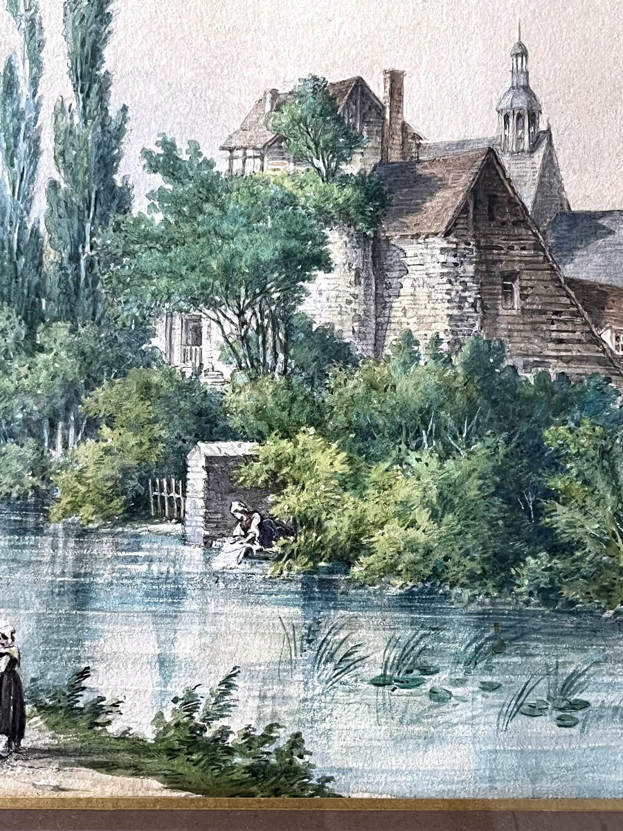 Painting. The Washerwomen, Watercolor From 1872, Signed-photo-4