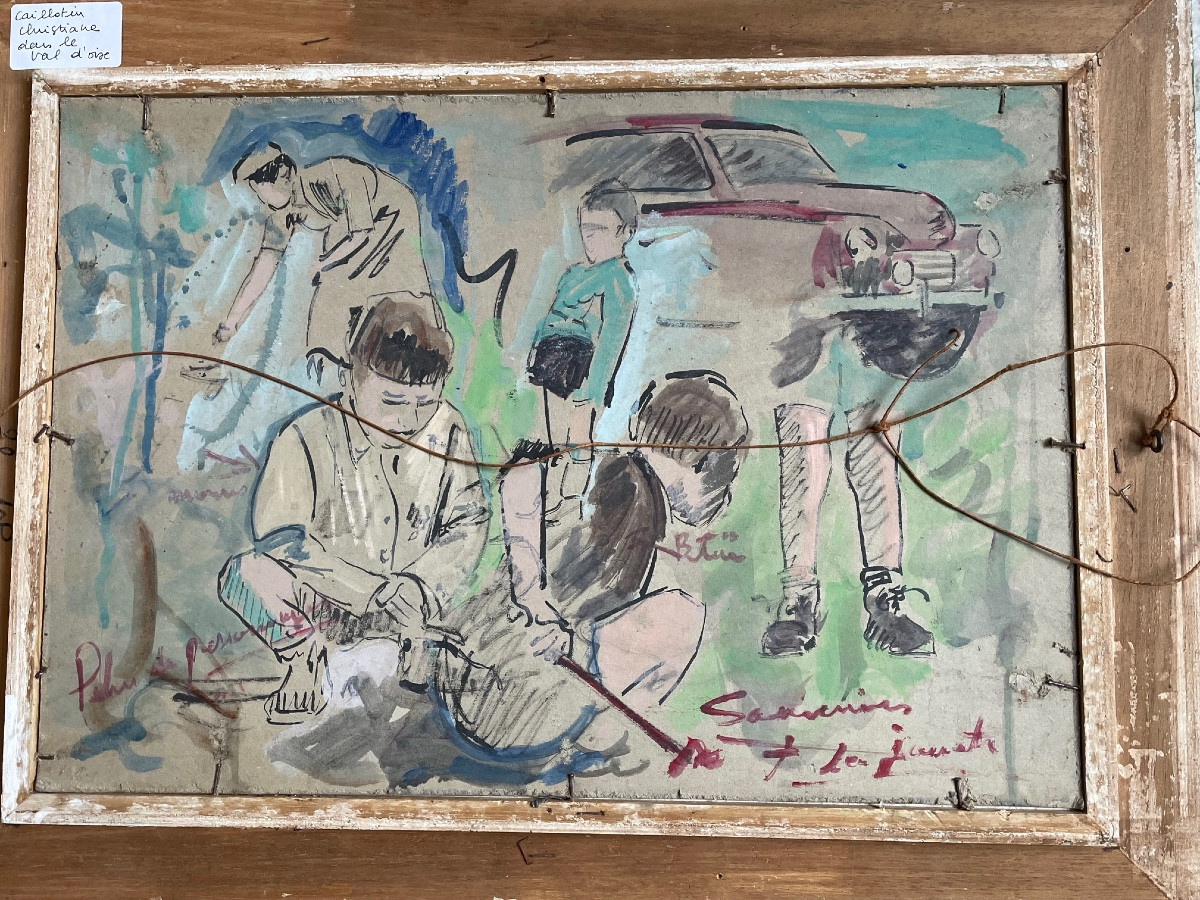 Tableau, jeux d enfants dans le sable, attribué à Christiane Caillotin, début XX-photo-4