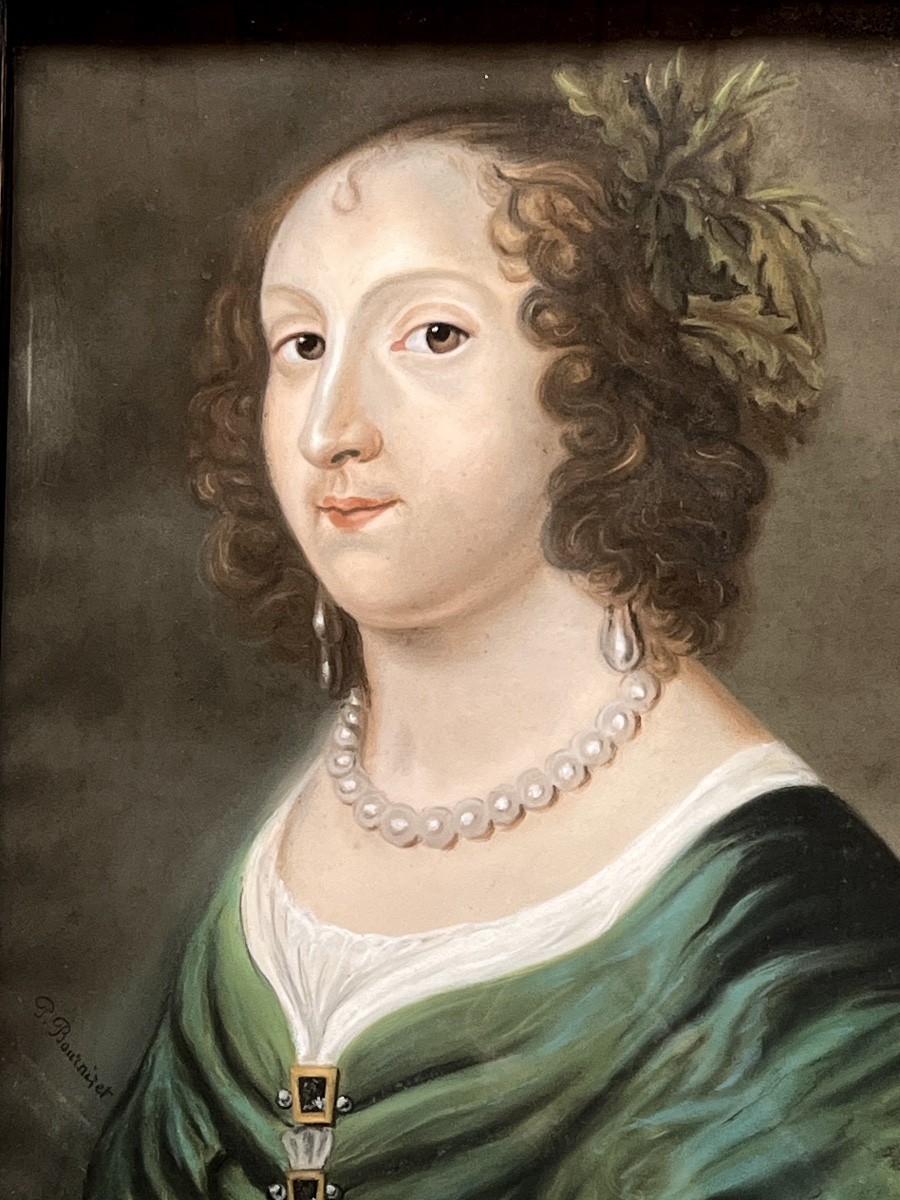 Tableau, portrait de jeune femme au feuillage dans les cheveux, pastel XIX eme-photo-2