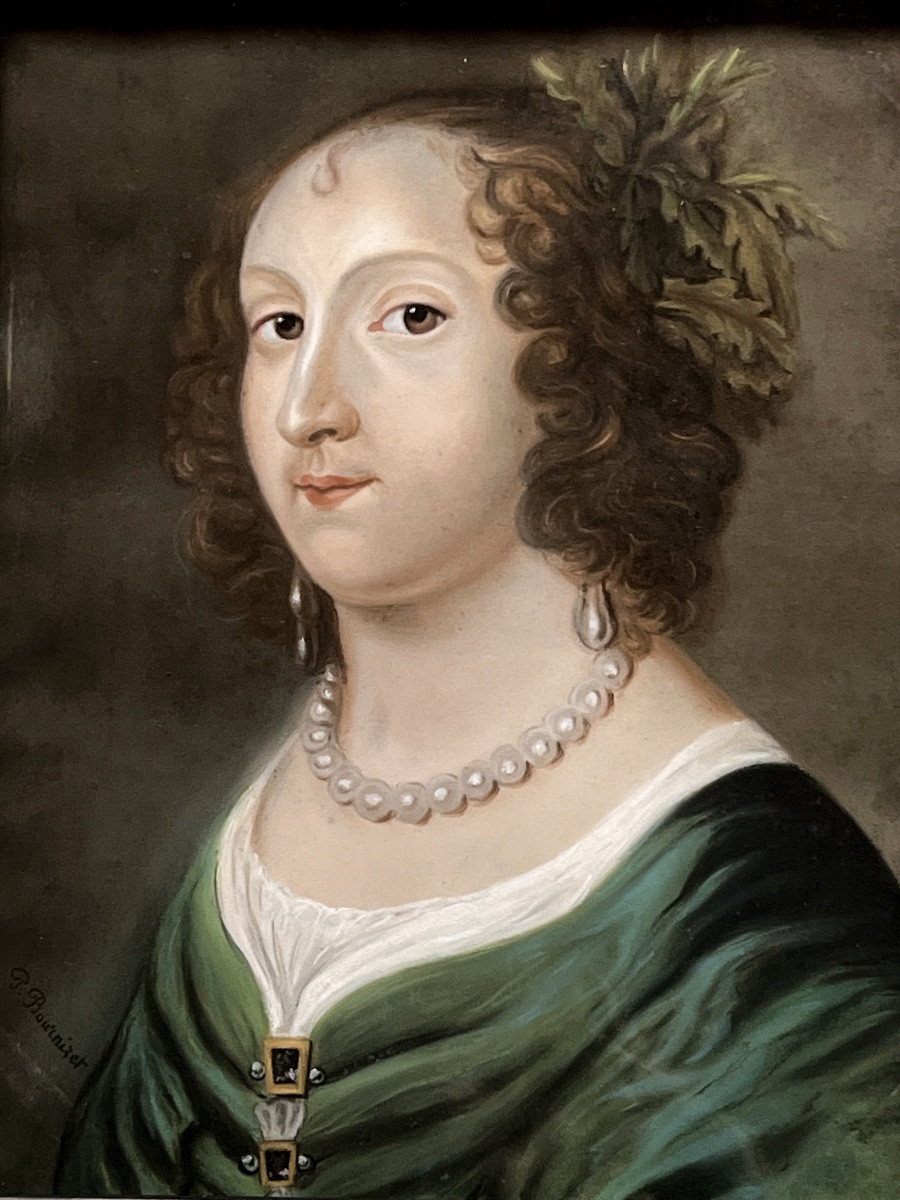 Tableau, portrait de jeune femme au feuillage dans les cheveux, pastel XIX eme-photo-3