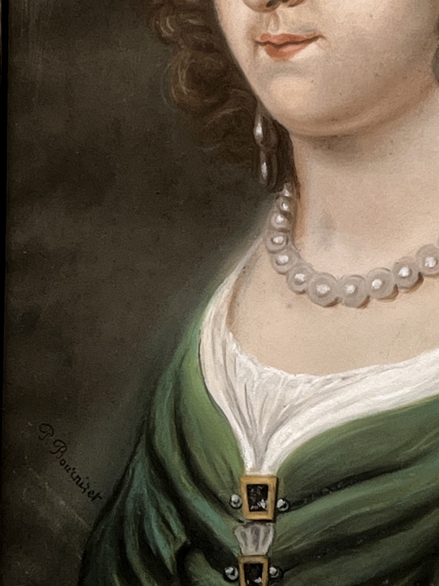 Tableau, portrait de jeune femme au feuillage dans les cheveux, pastel XIX eme-photo-4