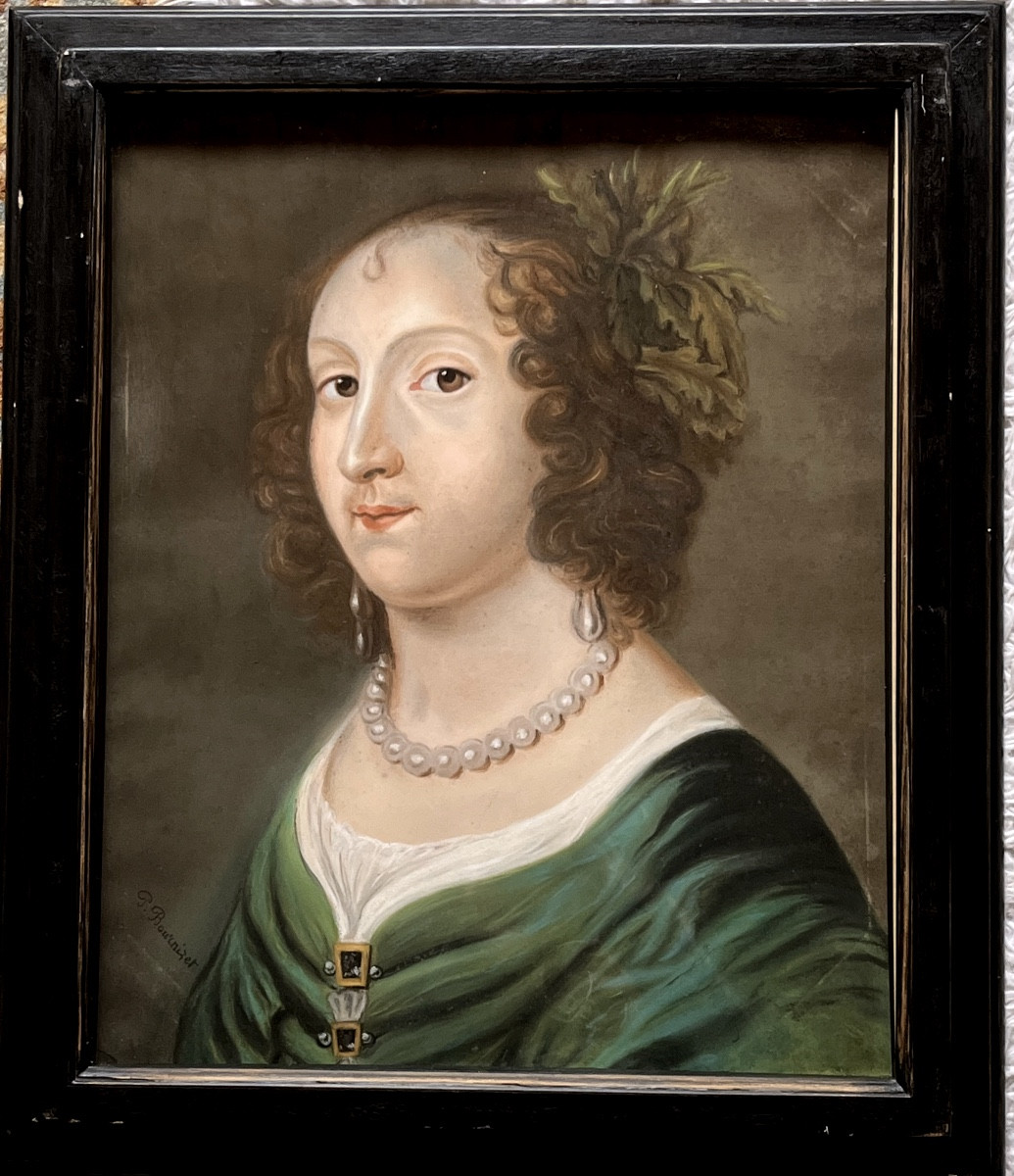 Tableau, portrait de jeune femme au feuillage dans les cheveux, pastel XIX eme