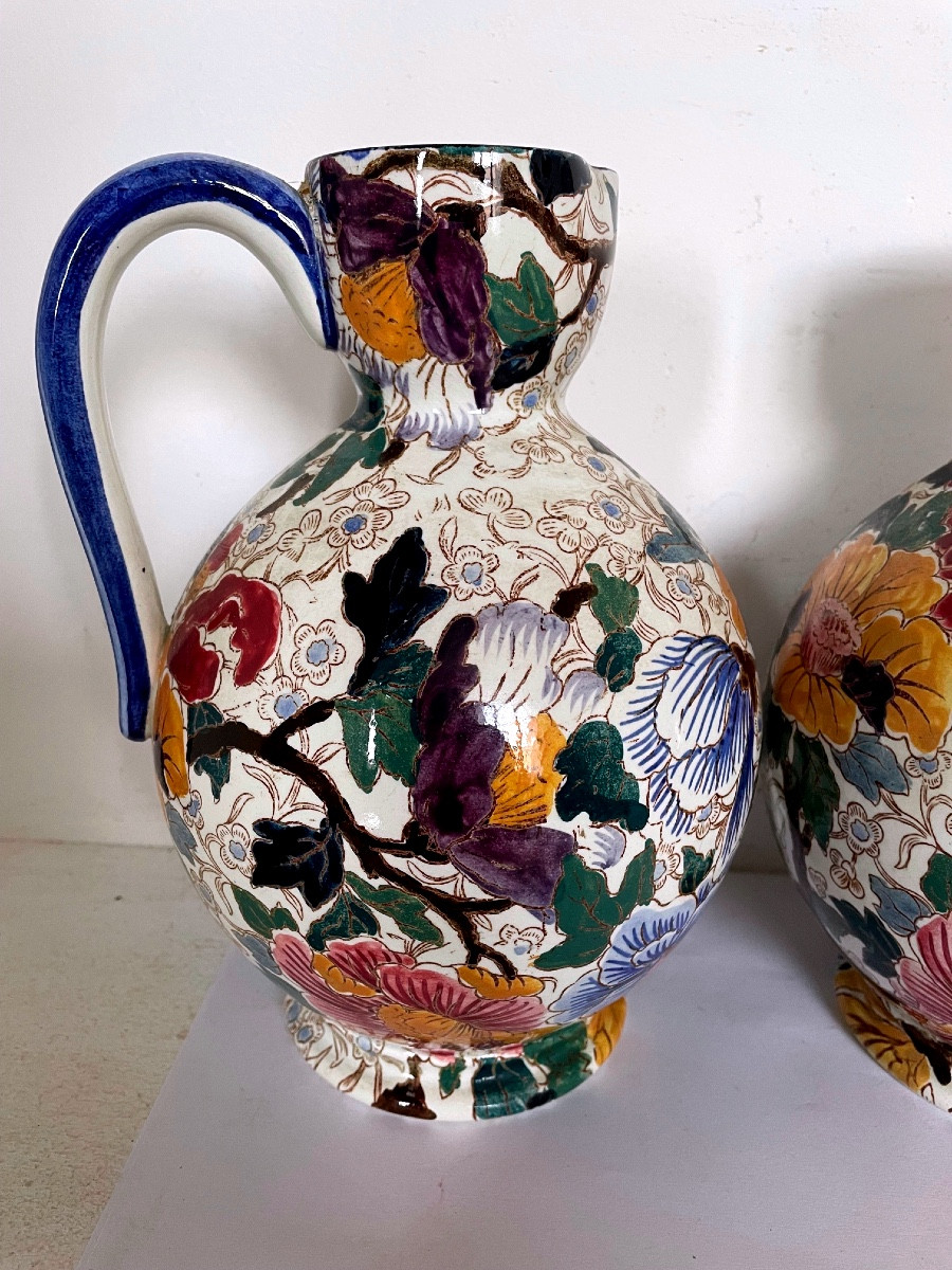 Paire de pots à eau en faïence ancienne de Gien à fleurs-photo-2