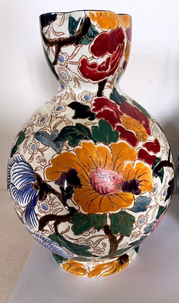 Paire de pots à eau en faïence ancienne de Gien à fleurs-photo-1