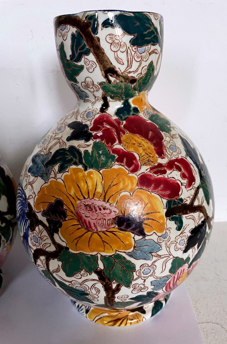 Paire de pots à eau en faïence ancienne de Gien à fleurs-photo-2