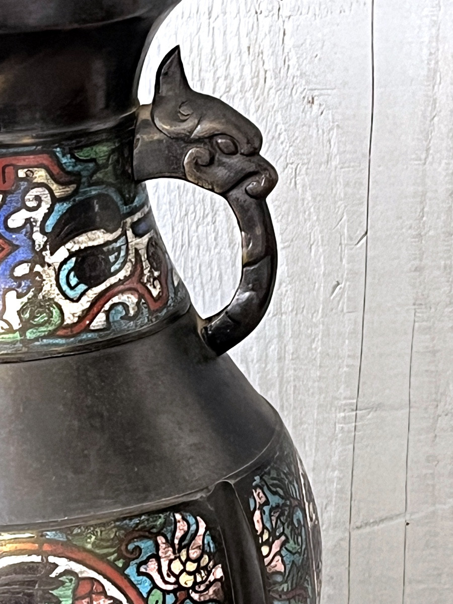 Vase en bronze , émail cloisonné , Asie début XX eme-photo-4