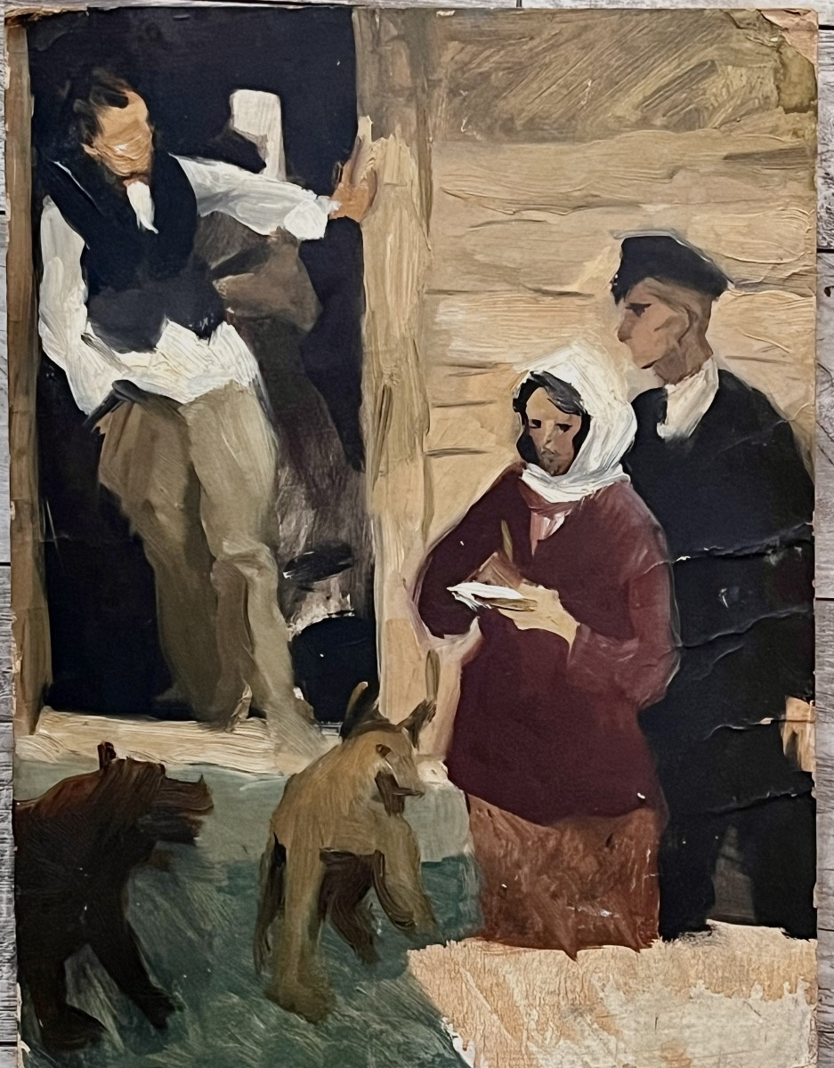 Tableau , la discussion devant la maison, hsc vers 1940/50-photo-2