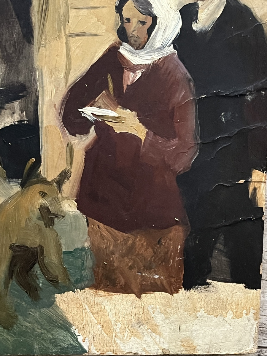 Tableau , la discussion devant la maison, hsc vers 1940/50-photo-1