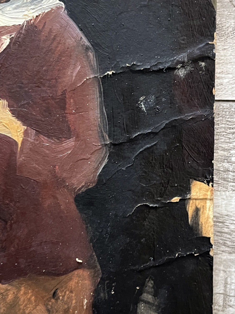 Tableau , la discussion devant la maison, hsc vers 1940/50-photo-3