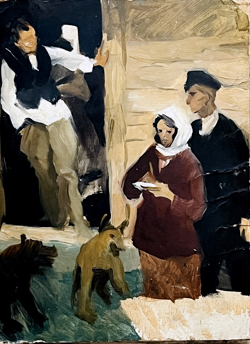 Tableau , la discussion devant la maison, hsc vers 1940/50