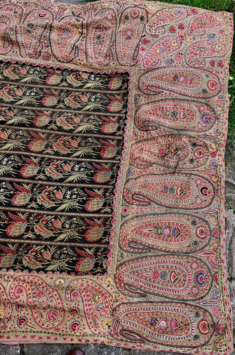 Antique Hand-embroidered Tapestry With Paisley Motifs 19th Century-photo-2
