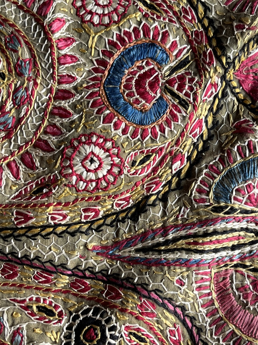 Antique Hand-embroidered Tapestry With Paisley Motifs 19th Century-photo-4