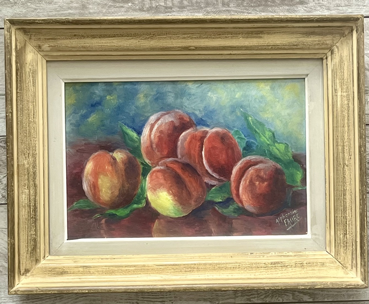 Tableau moderne, nature morte aux pêches signee 