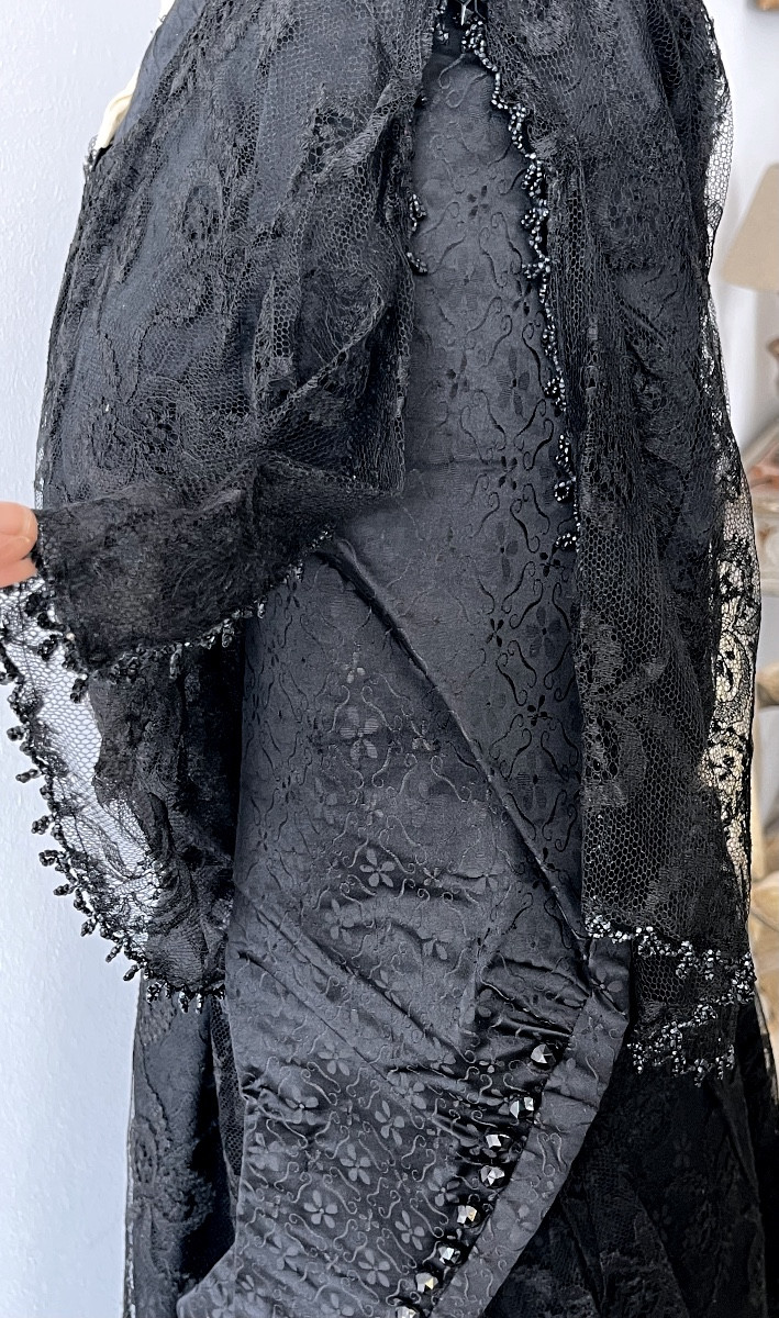 Antique Dress In Fabric Covered With A Lace And Jet Tunic Circa 1910-photo-8