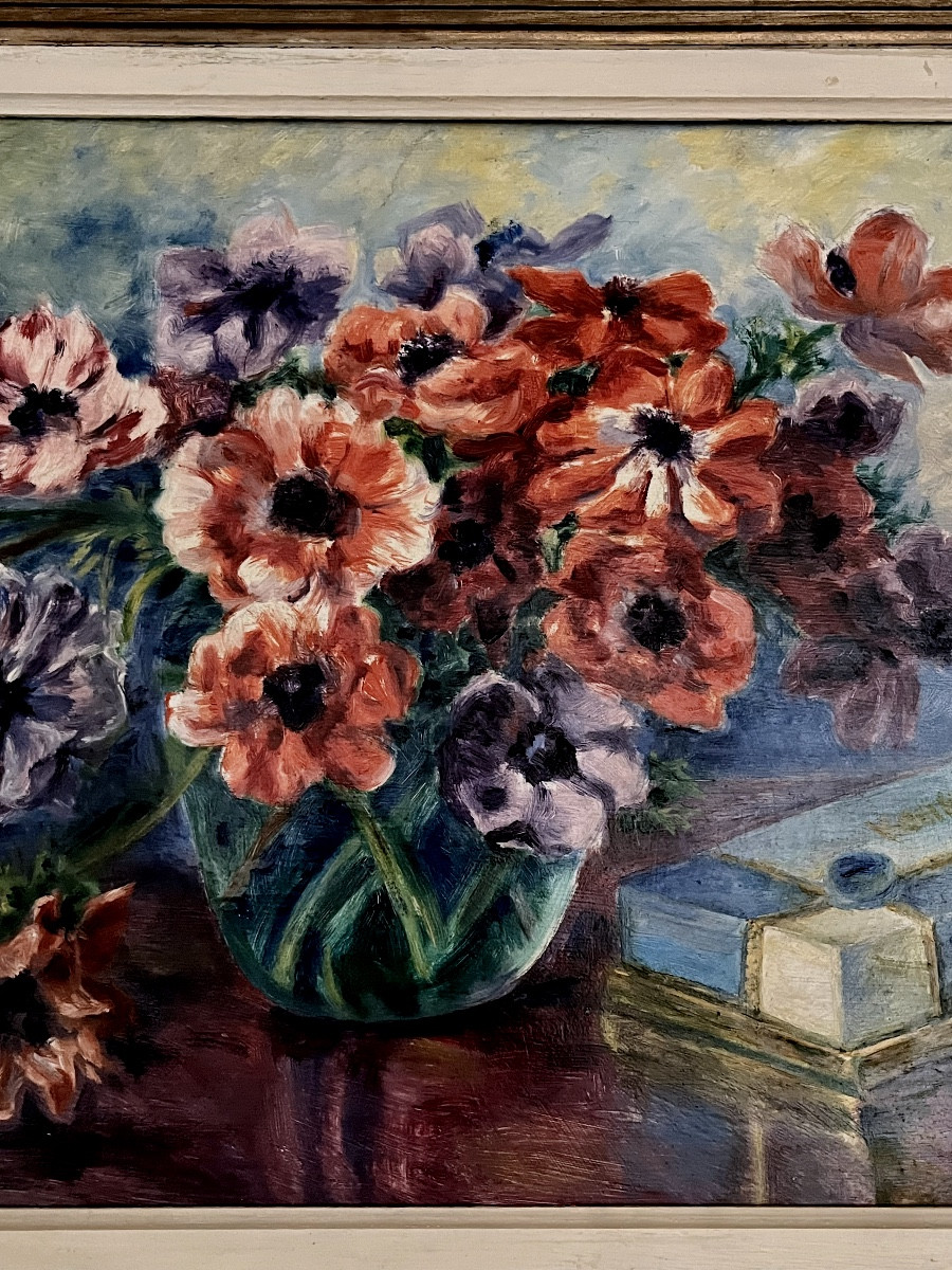Modern Painting , Flowers On A Table Hsi Circa 1950-photo-2