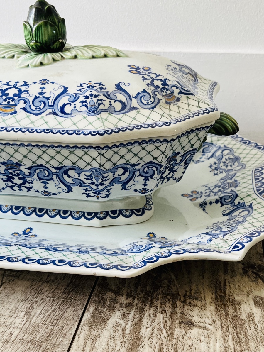 Antique Gien Earthenware Vegetable Dish, Artichoke Socket-photo-3