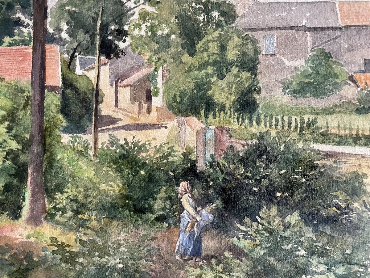 Tableau la ramasseuse de légumes,aquarelle de Eugène Gluck-photo-3