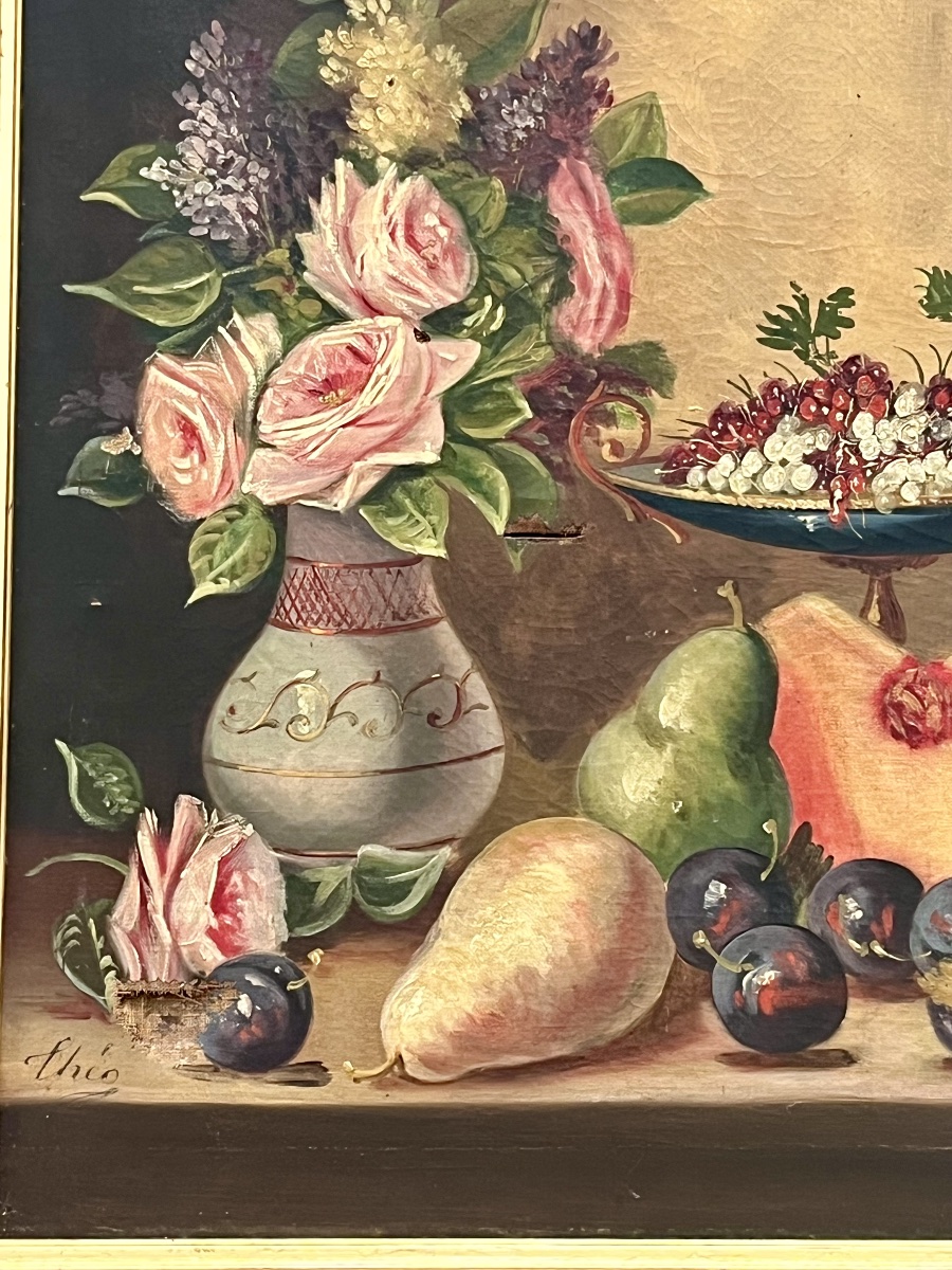 Tableau nature aux fruits et fleurs Hst de Théo XIX eme-photo-2