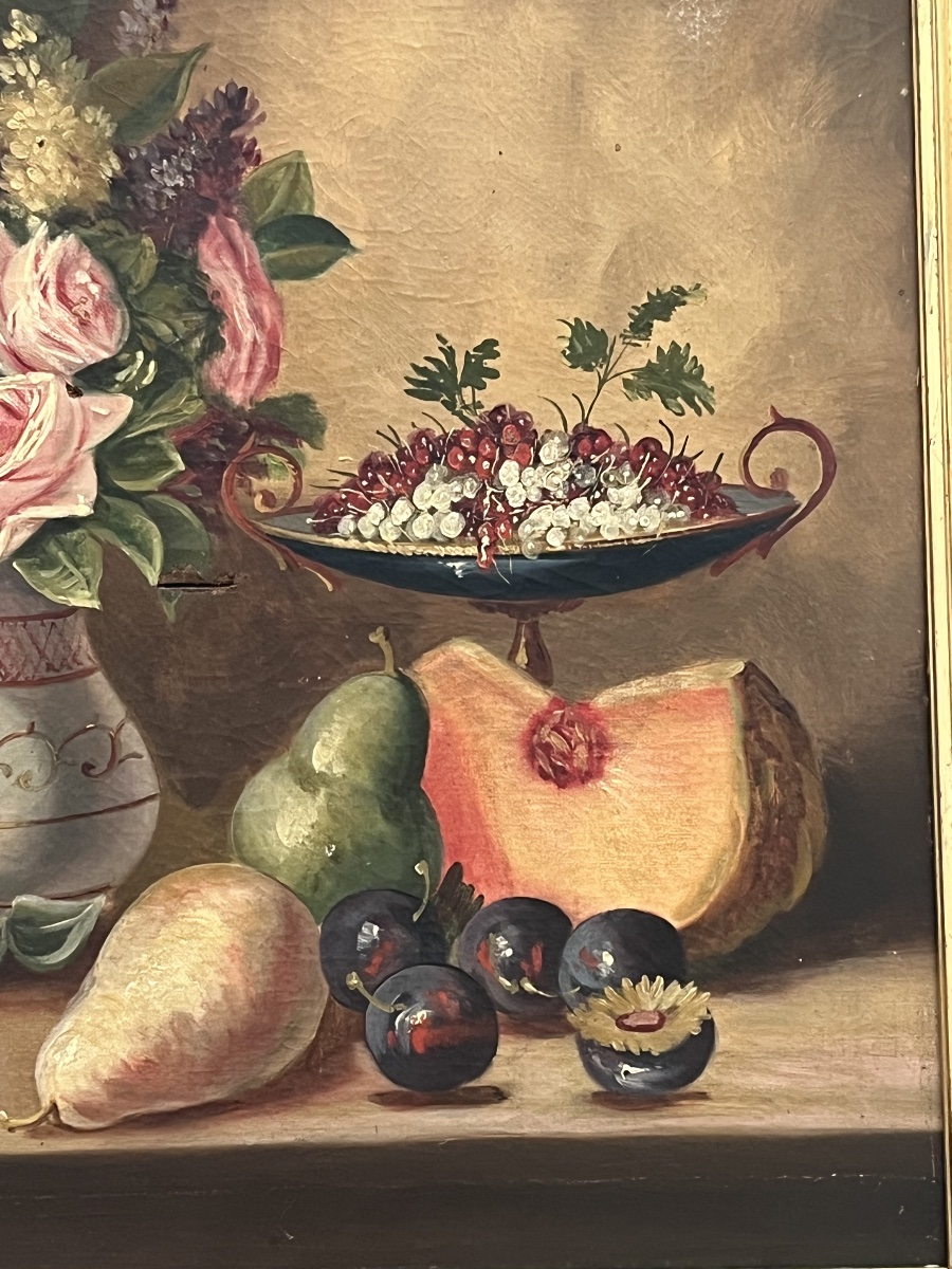 Tableau nature aux fruits et fleurs Hst de Théo XIX eme-photo-3