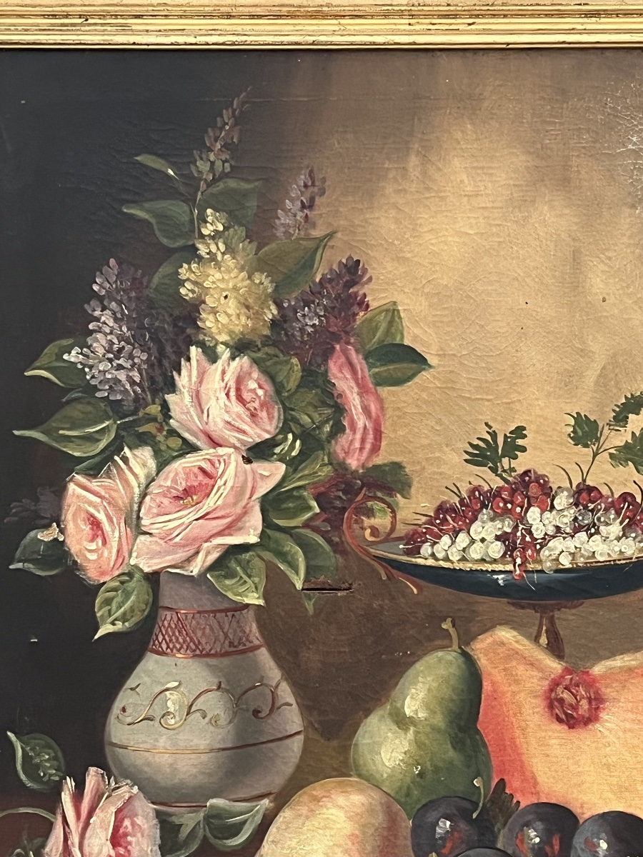 Tableau nature aux fruits et fleurs Hst de Théo XIX eme-photo-4