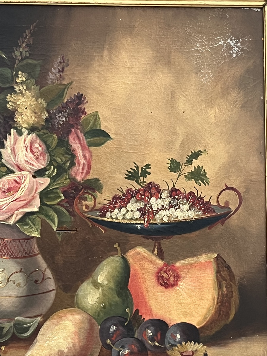 Tableau nature aux fruits et fleurs Hst de Théo XIX eme-photo-1