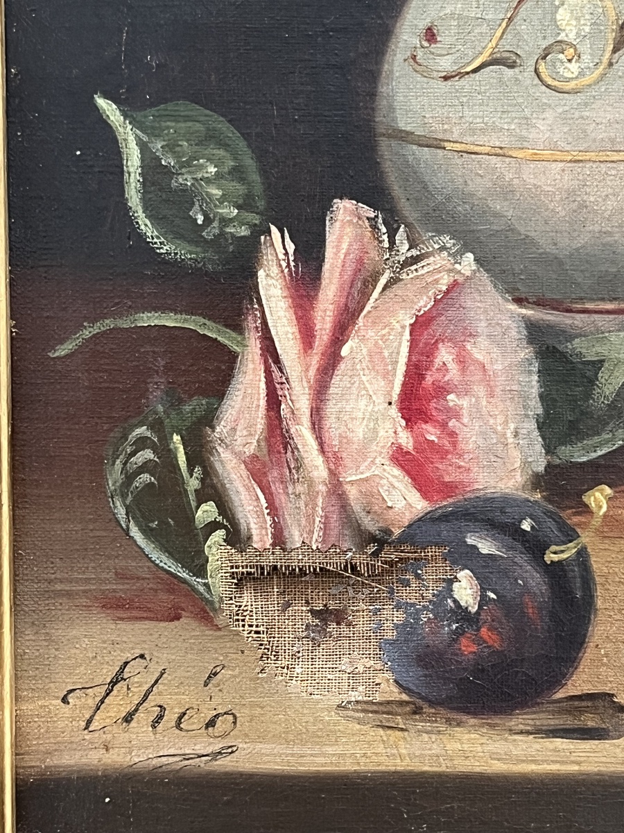 Tableau nature aux fruits et fleurs Hst de Théo XIX eme-photo-3