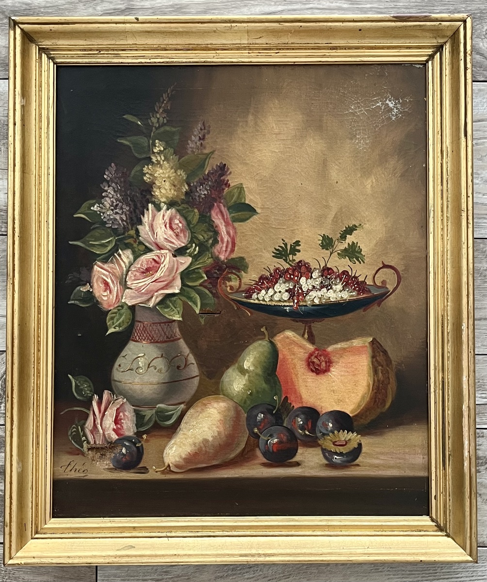 Tableau nature aux fruits et fleurs Hst de Théo XIX eme
