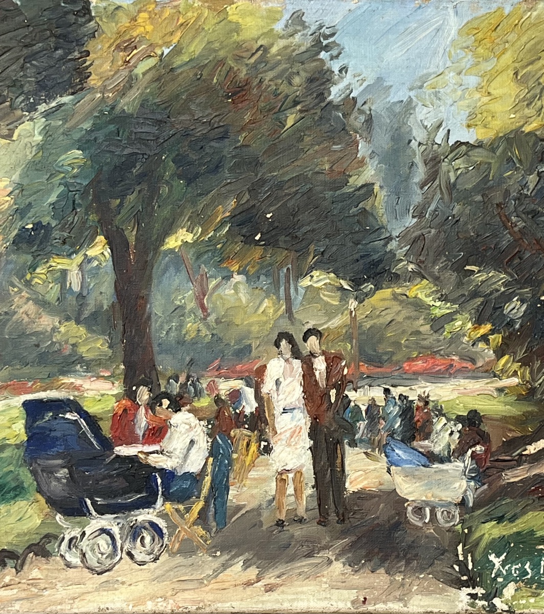 Tableau , promenade au parc, Hst signée de Yves Bécon (1904-2007)-photo-3