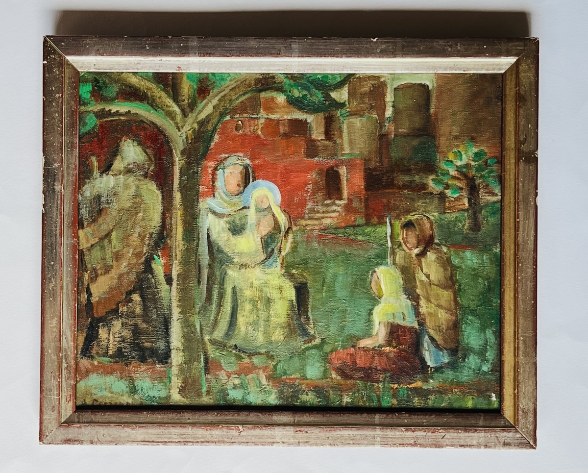 Tableau ,intérieur de couvent animé Hst signée Alice Perrenoud peintre Neuchâtelois 