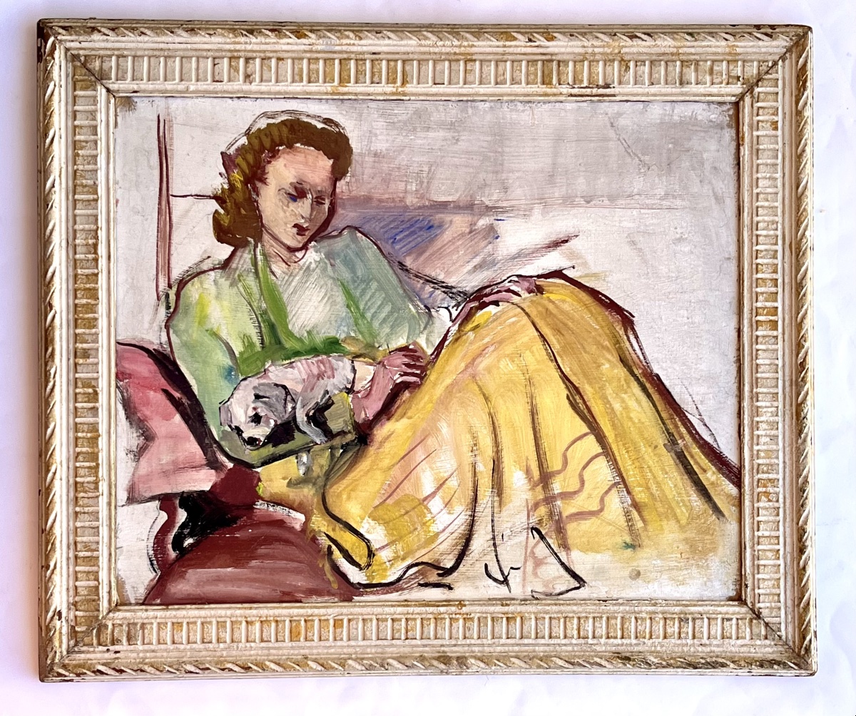 Tableau jeune femme au chien vers 1930 huile sur panneau 