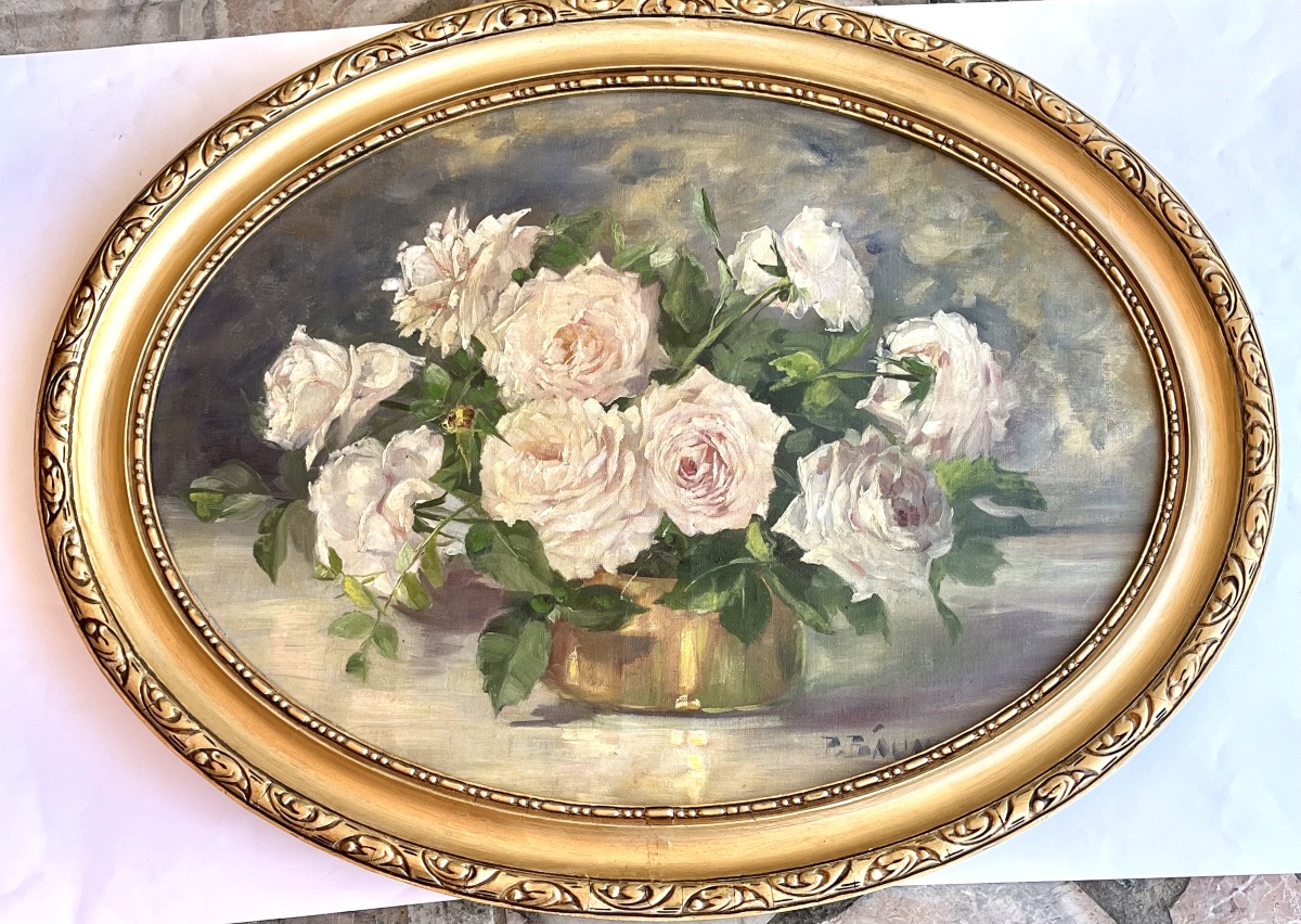 Painting Of A Bouquet Of Roses In A Vase, Oil On Canvas, Circa 1900-photo-2