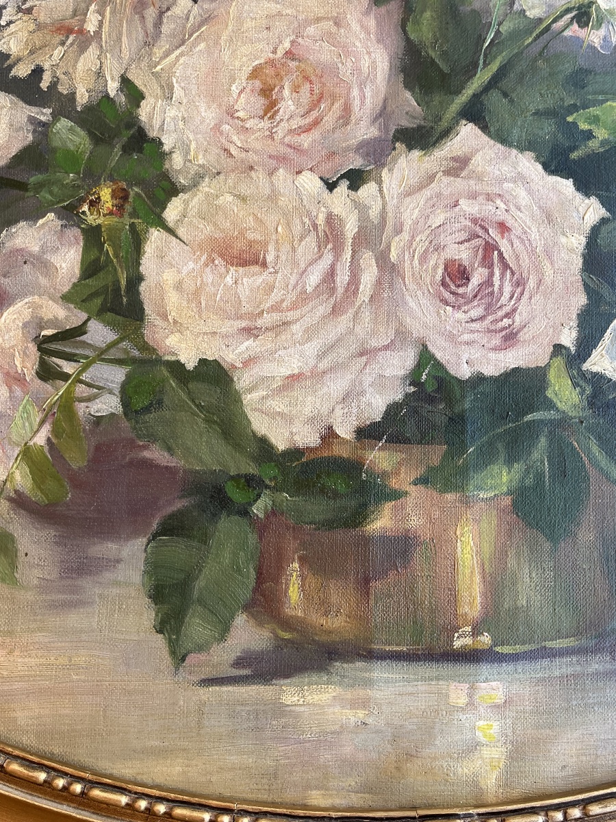 Painting Of A Bouquet Of Roses In A Vase, Oil On Canvas, Circa 1900-photo-1